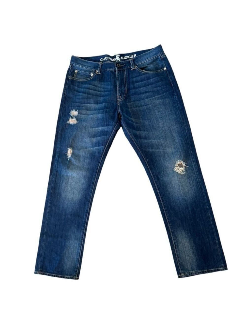 Christian Audigier Never Worn Straight Denim Jeans Distressed Zipper Pocket Y2K